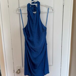 Blue Ruched Halter Silky Dress